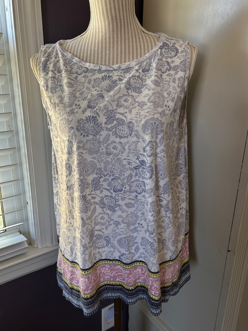 LOFT White Tank with Light Blue Floral Print & Pink Border